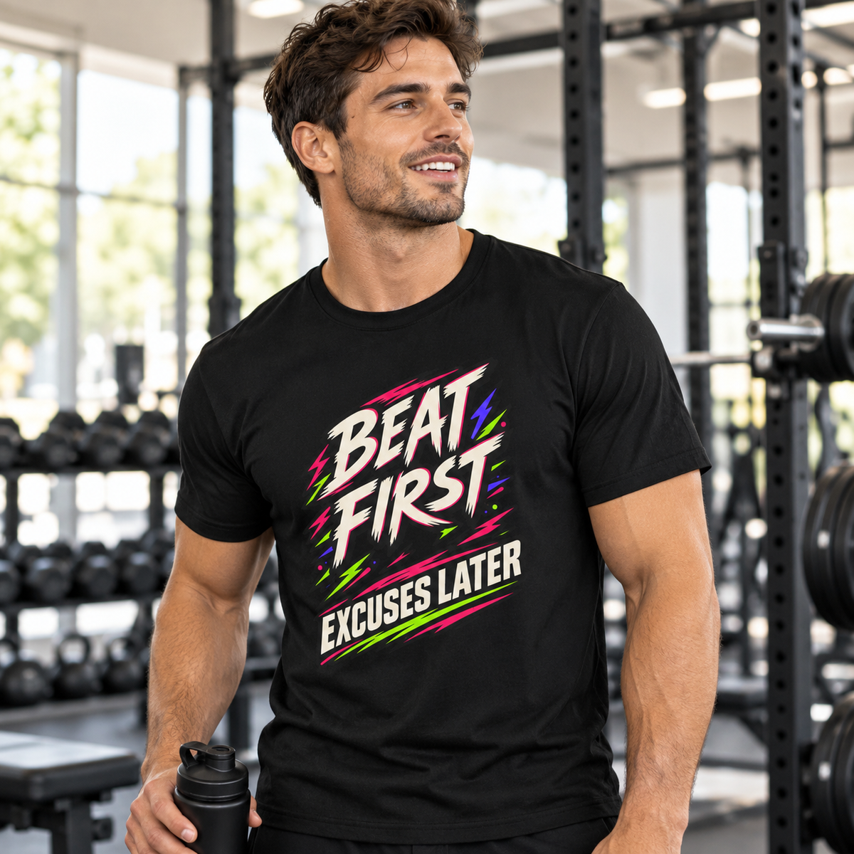 Male lifestyle mockup — Beat First, Excuses Later