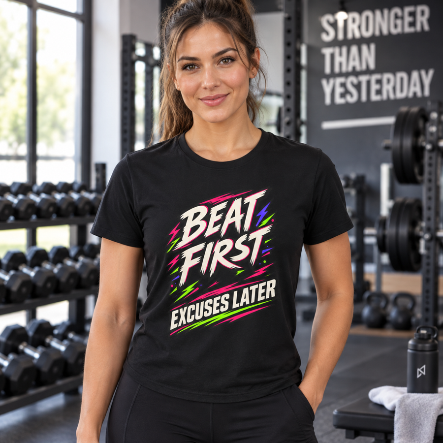 Lifestyle mockup of the Beat First Excuses Later fitness tee on a female athlete.