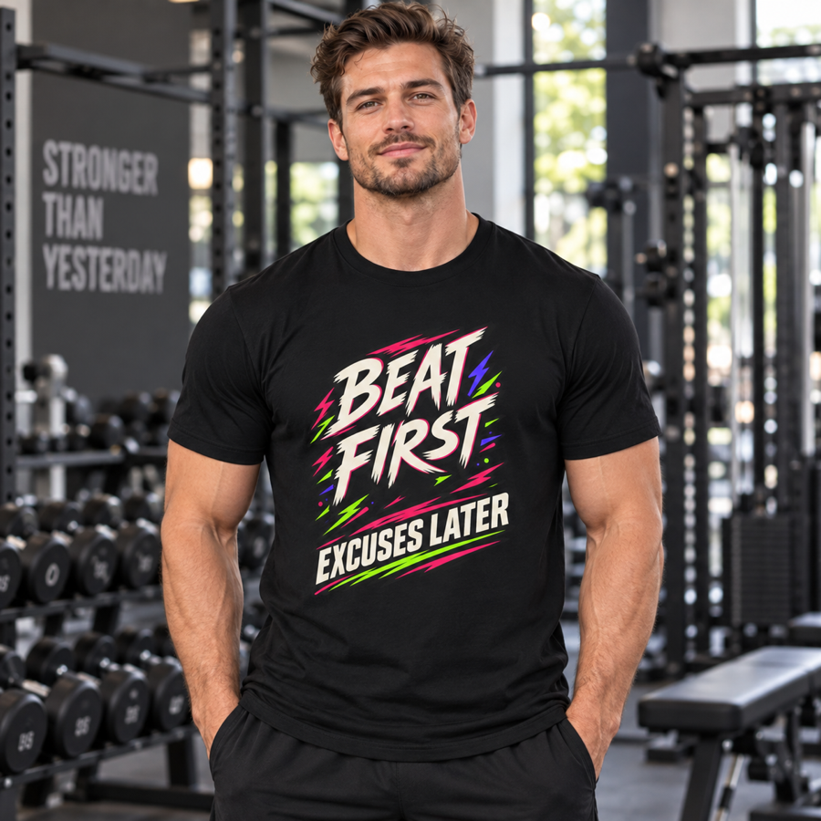 Lifestyle mockup of the Beat First Excuses Later fitness tee on a male athlete.