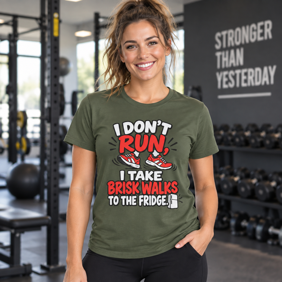 Lifestyle mockup of the Brisk Walks to the Fridge fitness tee on a female athlete.