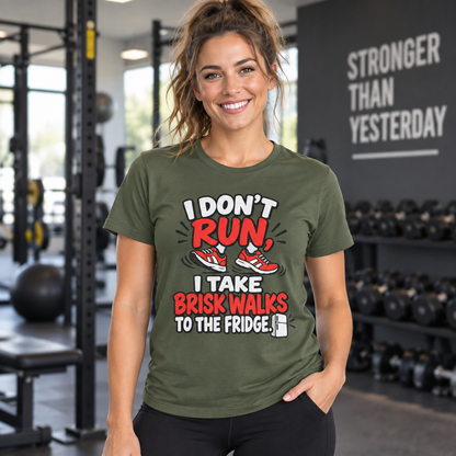 Lifestyle mockup of the Brisk Walks to the Fridge fitness tee on a female athlete.
