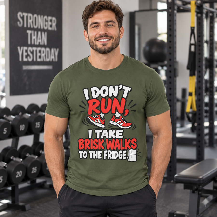 Lifestyle mockup of the Brisk Walks to the Fridge fitness tee on a male athlete.