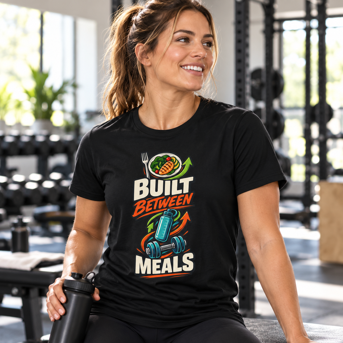 Female lifestyle mockup — Built Between Meals
