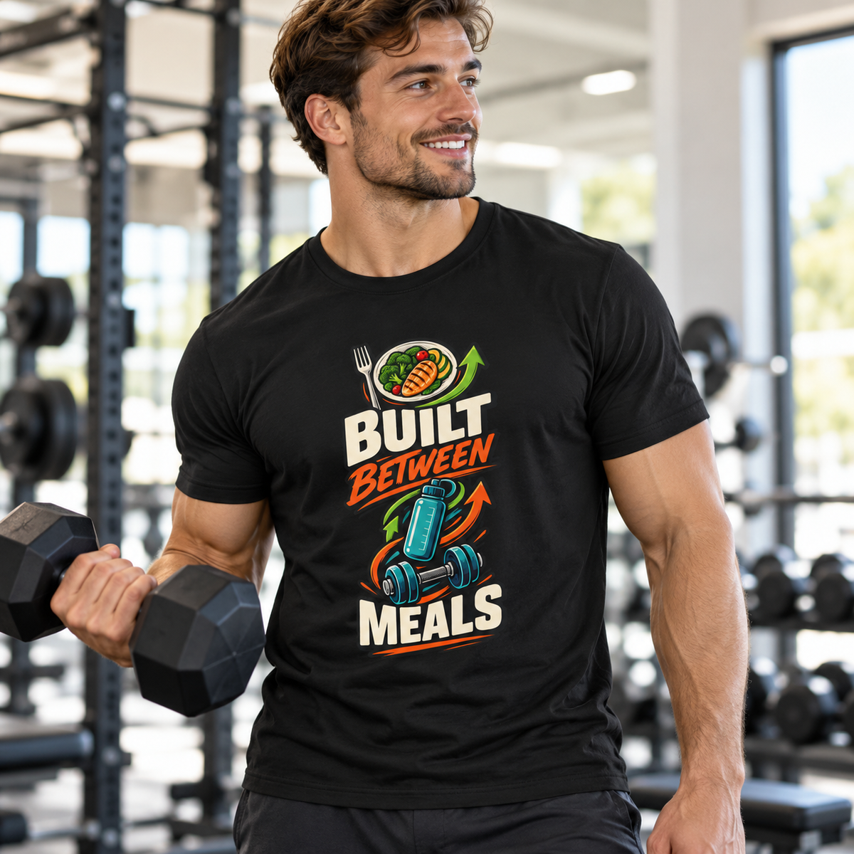 Male lifestyle mockup — Built Between Meals