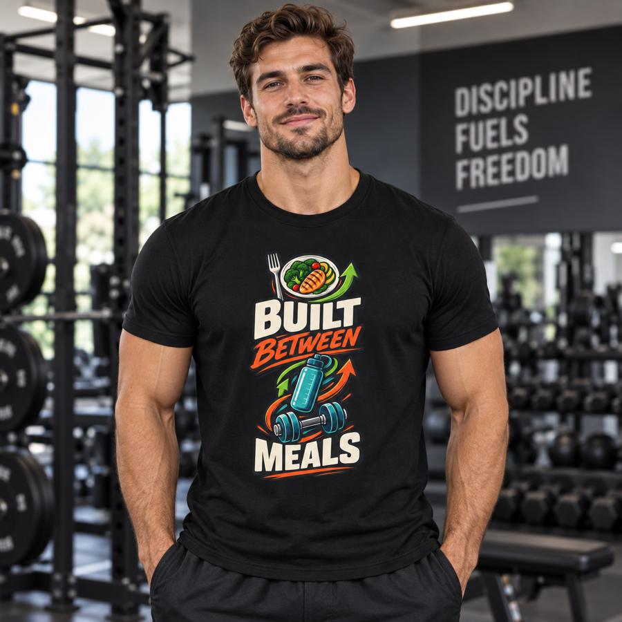 Lifestyle mockup of the Built Between Meals fitness tee on a male athlete.