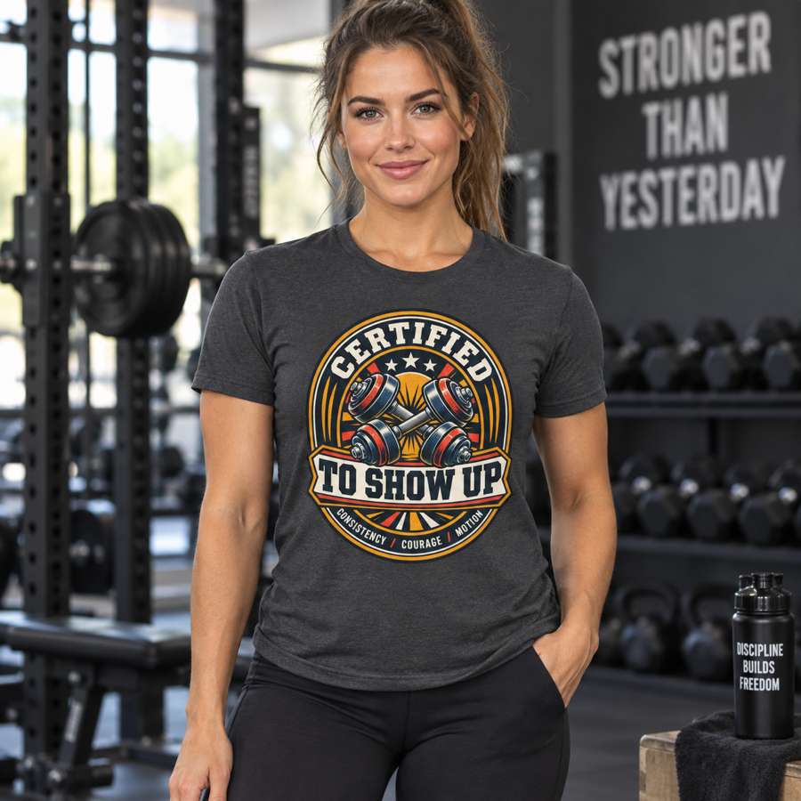 Lifestyle mockup of the Certified to Show Up fitness tee on a female athlete.