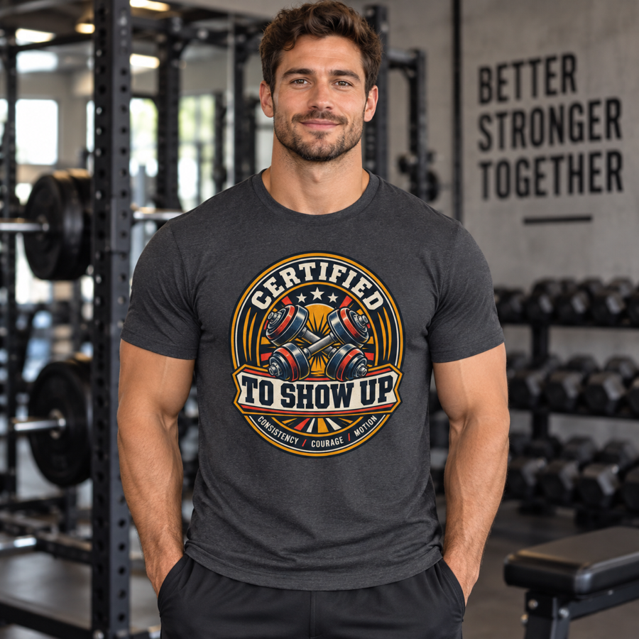 Lifestyle mockup of the Certified to Show Up fitness tee on a male athlete.