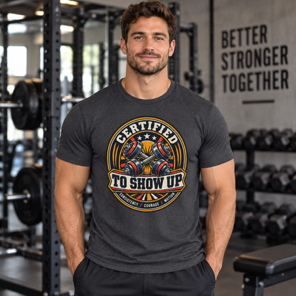 Lifestyle mockup of the Certified to Show Up fitness tee on a male athlete.