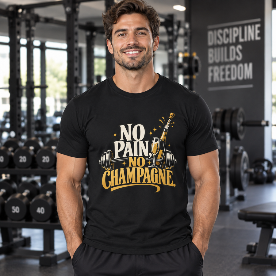 Lifestyle mockup of the No Pain No Champagne fitness tee on a male athlete.