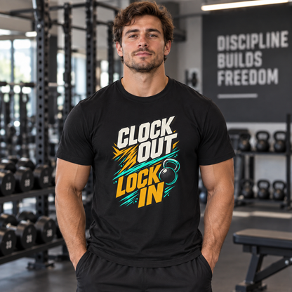 Lifestyle mockup of the Clock Out Lock In fitness tee on a male athlete.