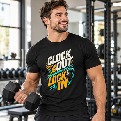 Male lifestyle mockup — Clock Out, Lock In