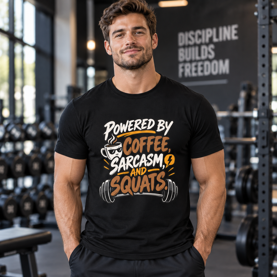 Lifestyle mockup of the Powered by Coffee Sarcasm and Squats fitness tee on a male athlete.