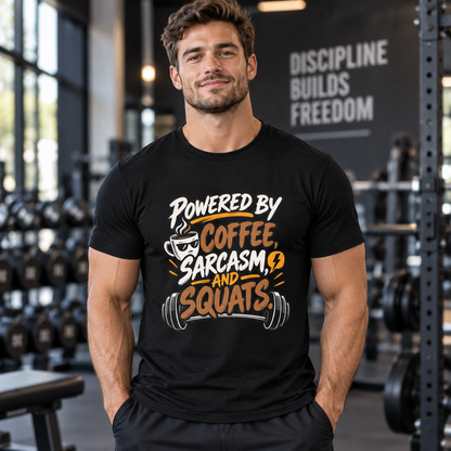 Lifestyle mockup of the Powered by Coffee Sarcasm and Squats fitness tee on a male athlete.