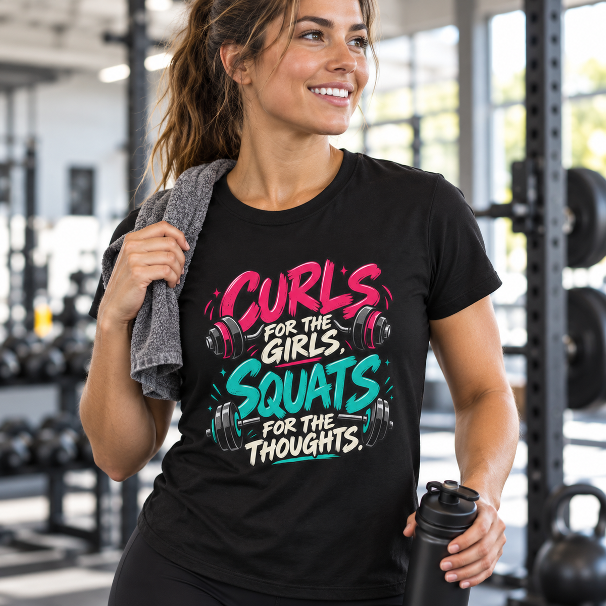 Female lifestyle mockup — Curls for the Girls, Squats for the Thoughts