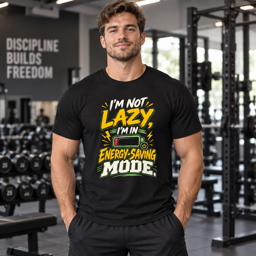 Lifestyle mockup of the Energy Saving Mode fitness tee on a male athlete.