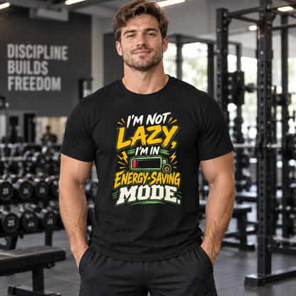 Lifestyle mockup of the Energy Saving Mode fitness tee on a male athlete.