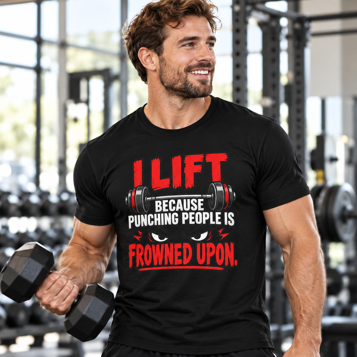 Male lifestyle mockup — I Lift Because Punching People Is Frowned Upon