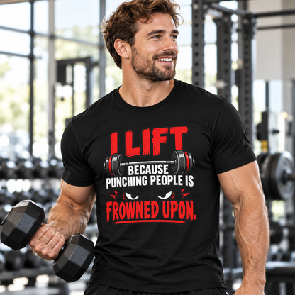 Male lifestyle mockup — I Lift Because Punching People Is Frowned Upon
