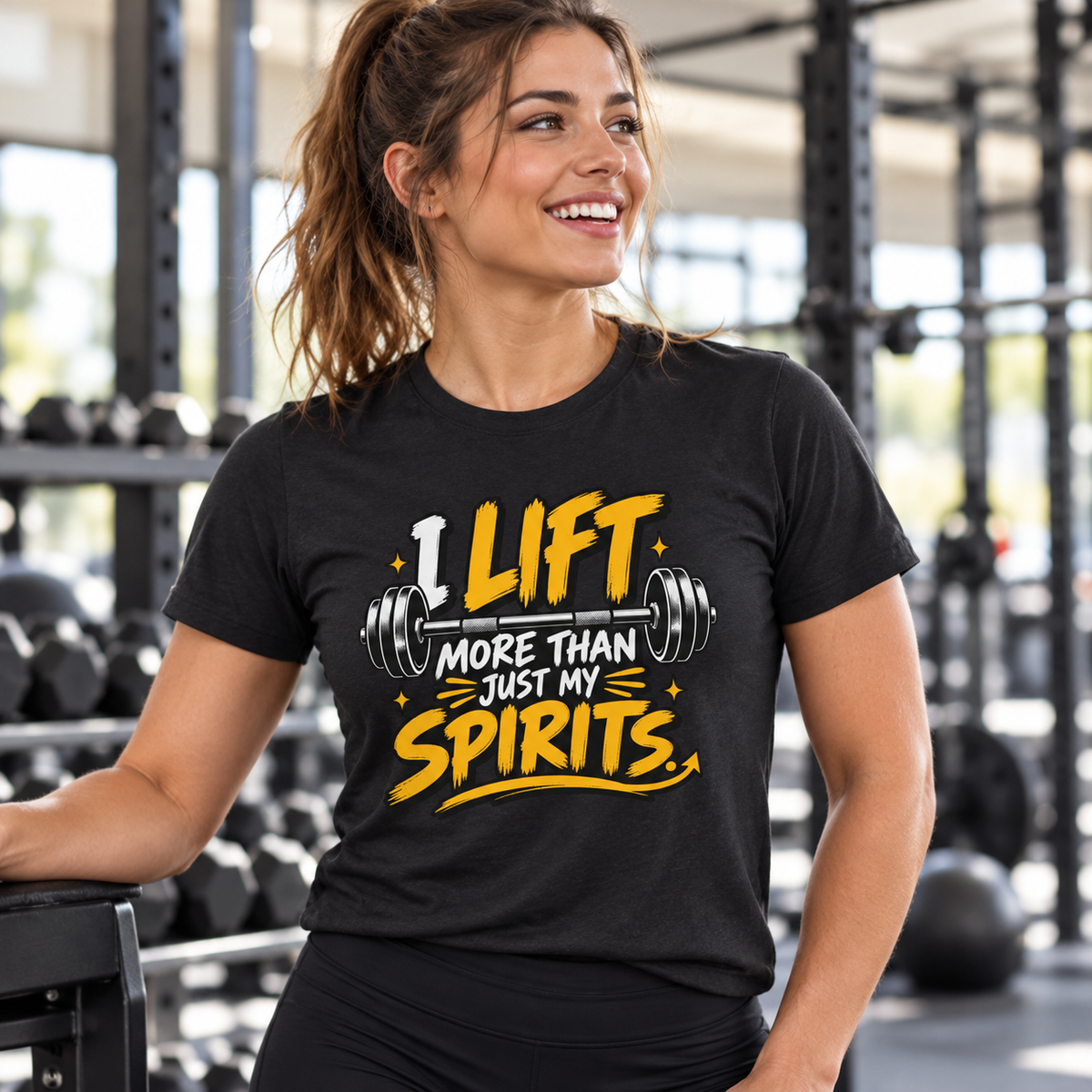 Female lifestyle mockup — I Lift More Than My Spirits