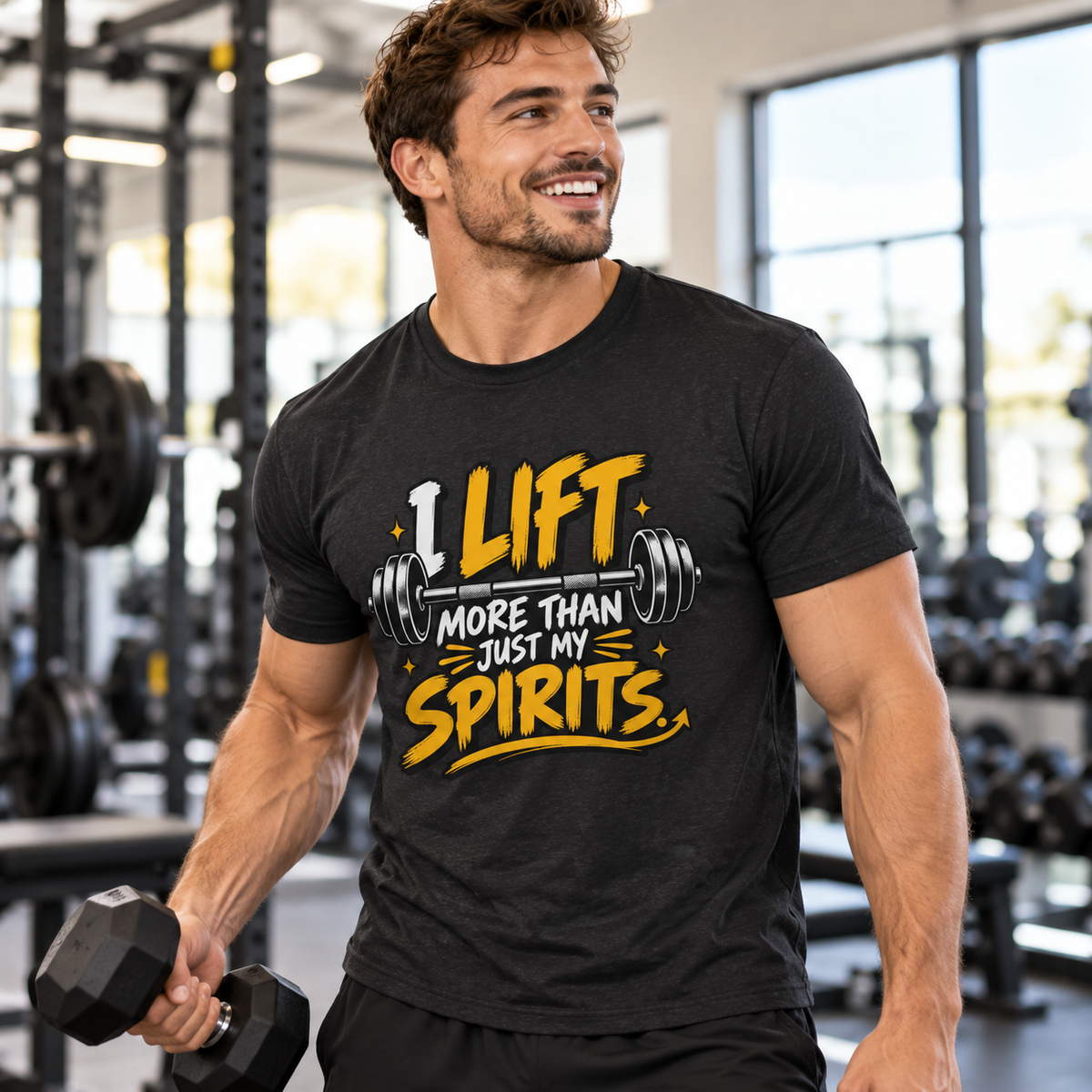 Male lifestyle mockup — I Lift More Than My Spirits