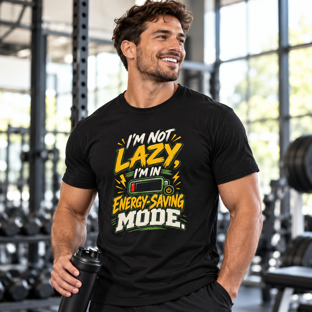 Male lifestyle mockup — I'm Not Lazy, I'm in Energy Saving Mode