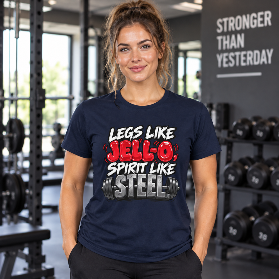 Lifestyle mockup of the Legs Like Jello Spirit Like Steel fitness tee on a female athlete.