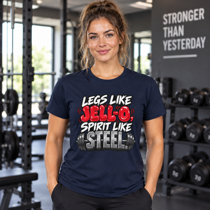 Lifestyle mockup of the Legs Like Jello Spirit Like Steel fitness tee on a female athlete.