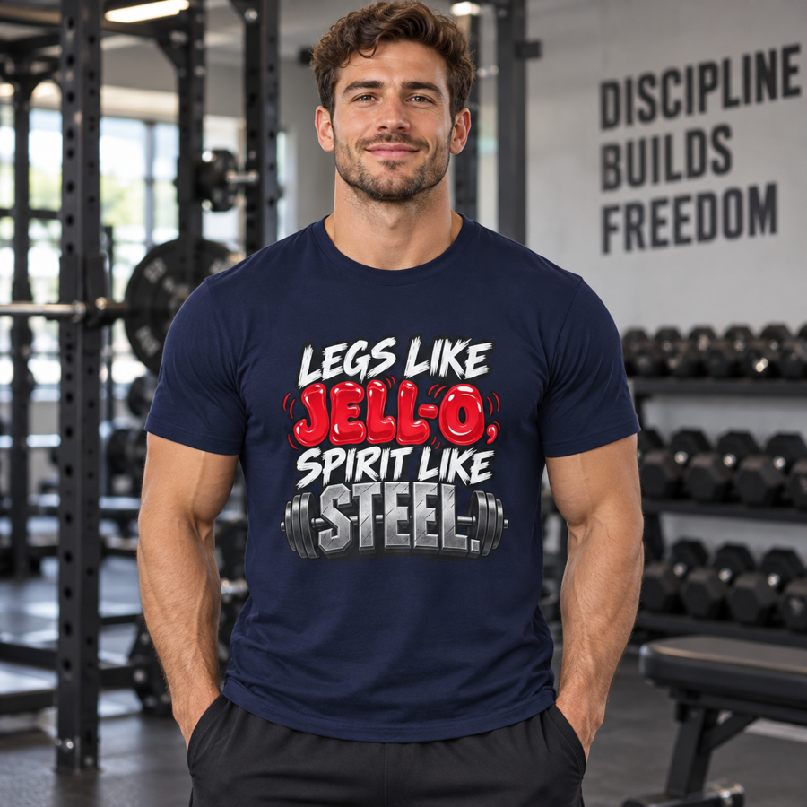 Lifestyle mockup of the Legs Like Jello Spirit Like Steel fitness tee on a male athlete.