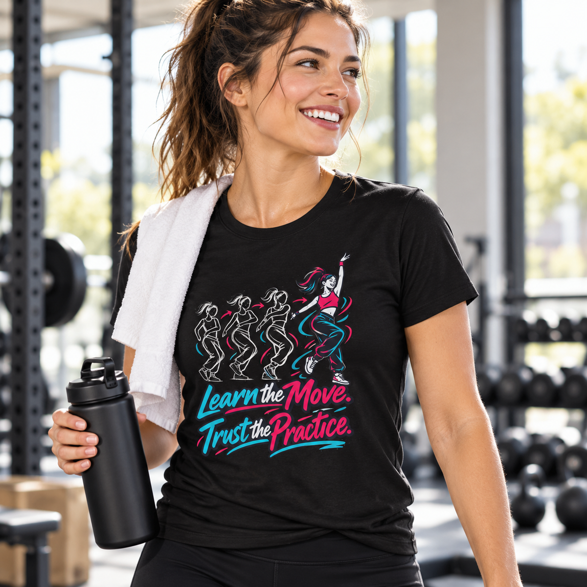 Female lifestyle mockup — Learn the Move, Trust the Practice