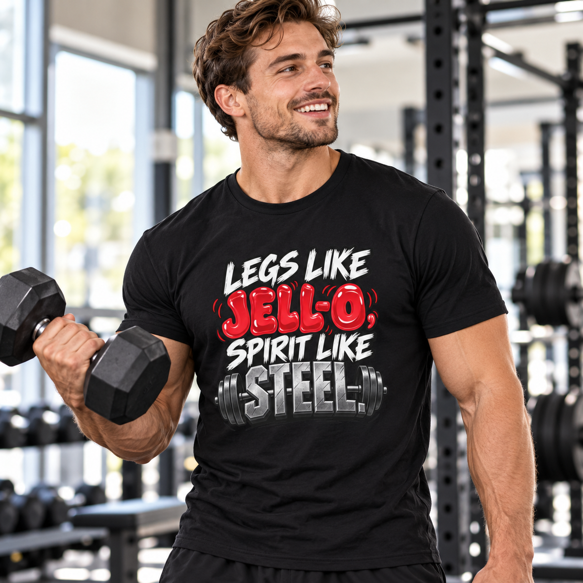 Male lifestyle mockup — Legs Like Jello, Spirit Like Steel