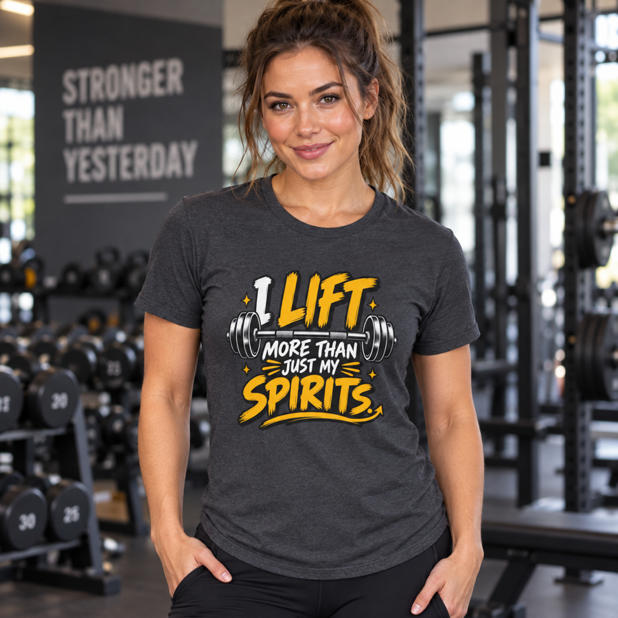 Lifestyle mockup of the I Lift More Than My Spirits fitness tee on a female athlete.