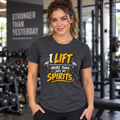 Lifestyle mockup of the I Lift More Than My Spirits fitness tee on a female athlete.