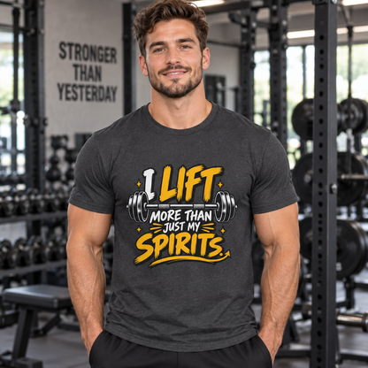 Lifestyle mockup of the I Lift More Than My Spirits fitness tee on a male athlete.