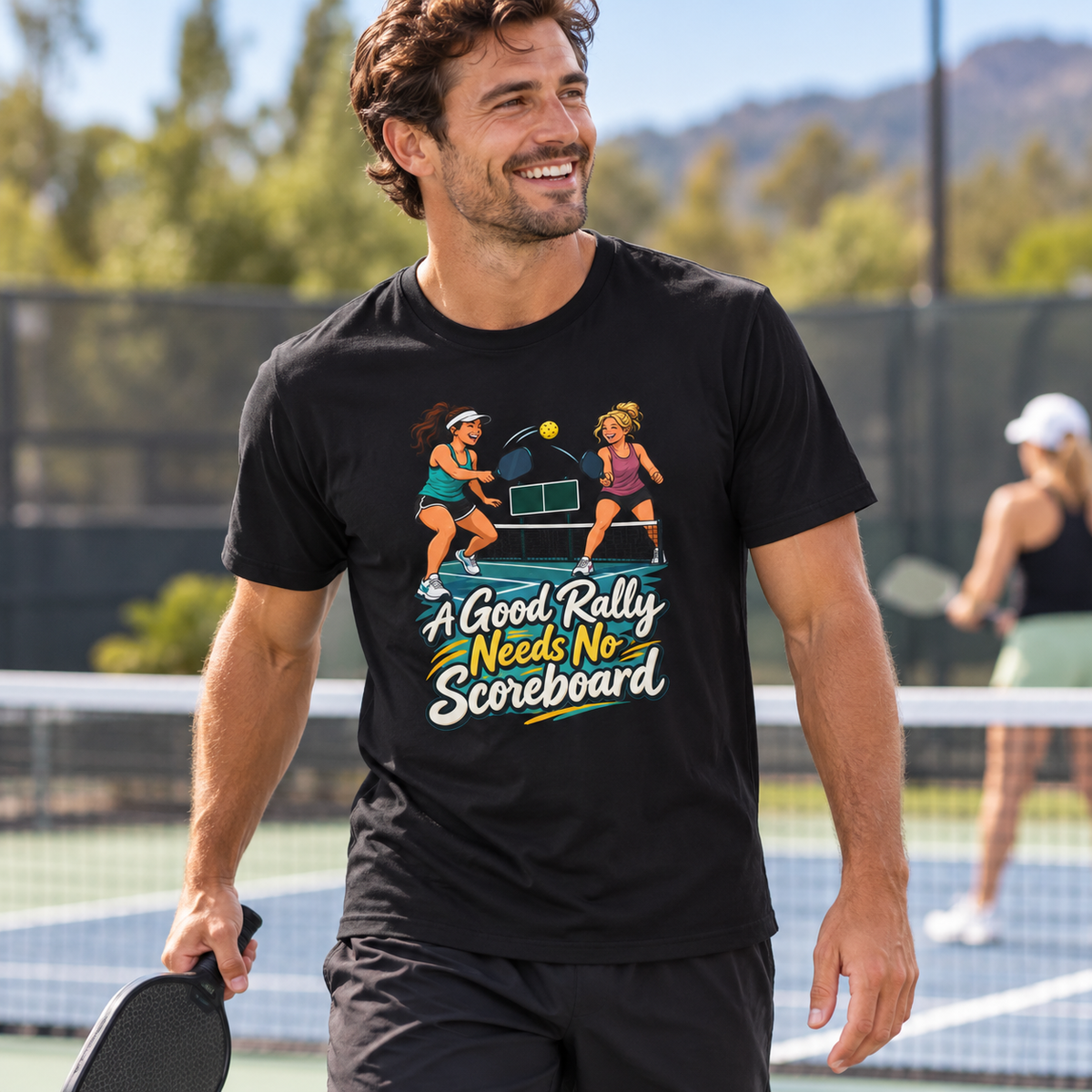 Male lifestyle mockup — A Good Rally Needs No Scoreboard T-Shirt