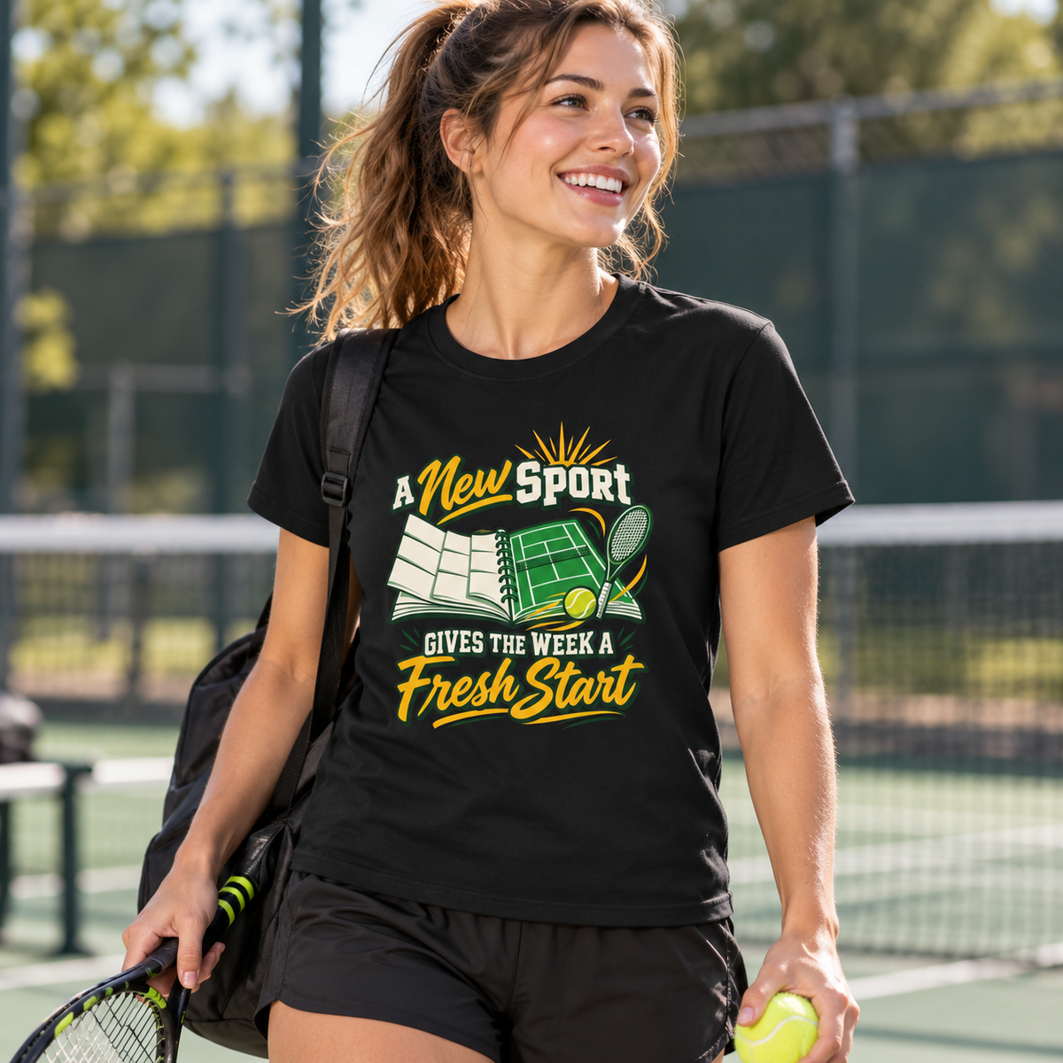 Female lifestyle mockup — A New Sport Gives the Week a Fresh Start T-Shirt