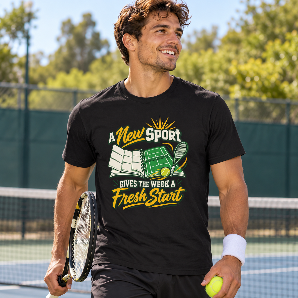 Male lifestyle mockup — A New Sport Gives the Week a Fresh Start T-Shirt