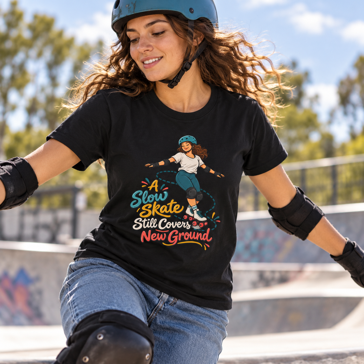 Female lifestyle mockup — A Slow Skate Still Covers New Ground T-Shirt