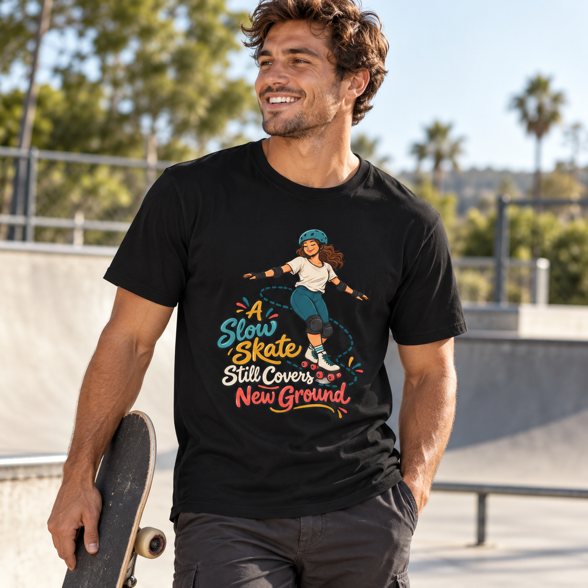 Male lifestyle mockup — A Slow Skate Still Covers New Ground T-Shirt