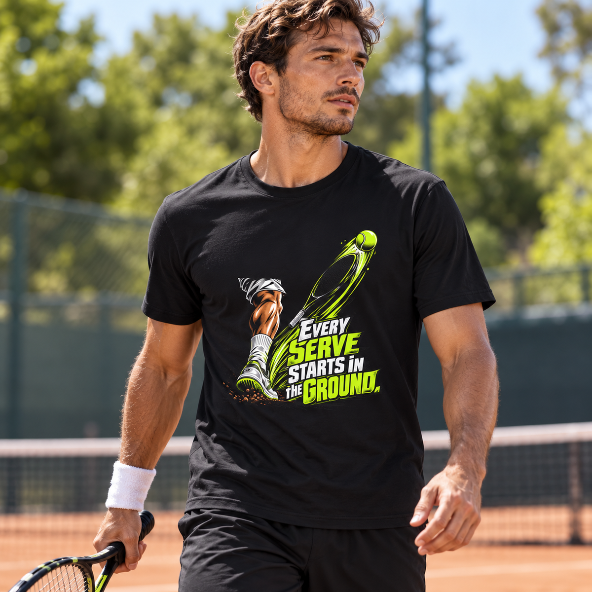 Male lifestyle mockup — Every Serve Starts in the Ground T-Shirt