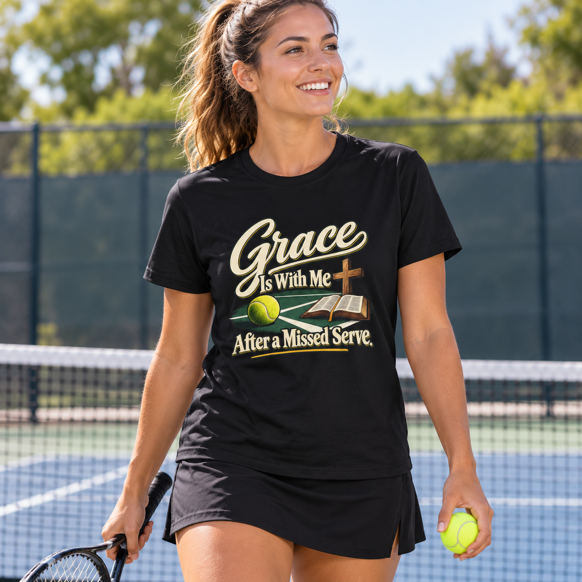 Female lifestyle mockup — Grace Is with Me After a Missed Serve T-Shirt