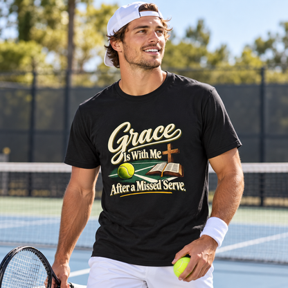 Male lifestyle mockup — Grace Is with Me After a Missed Serve T-Shirt