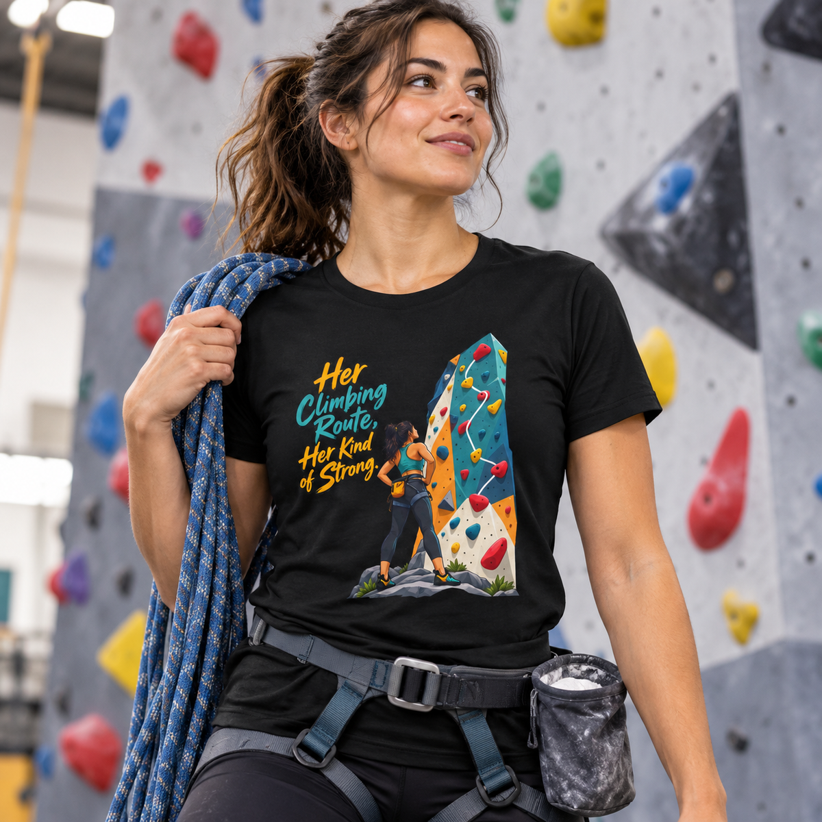 Female lifestyle mockup — Her Climbing Route Her Kind of Strong T-Shirt