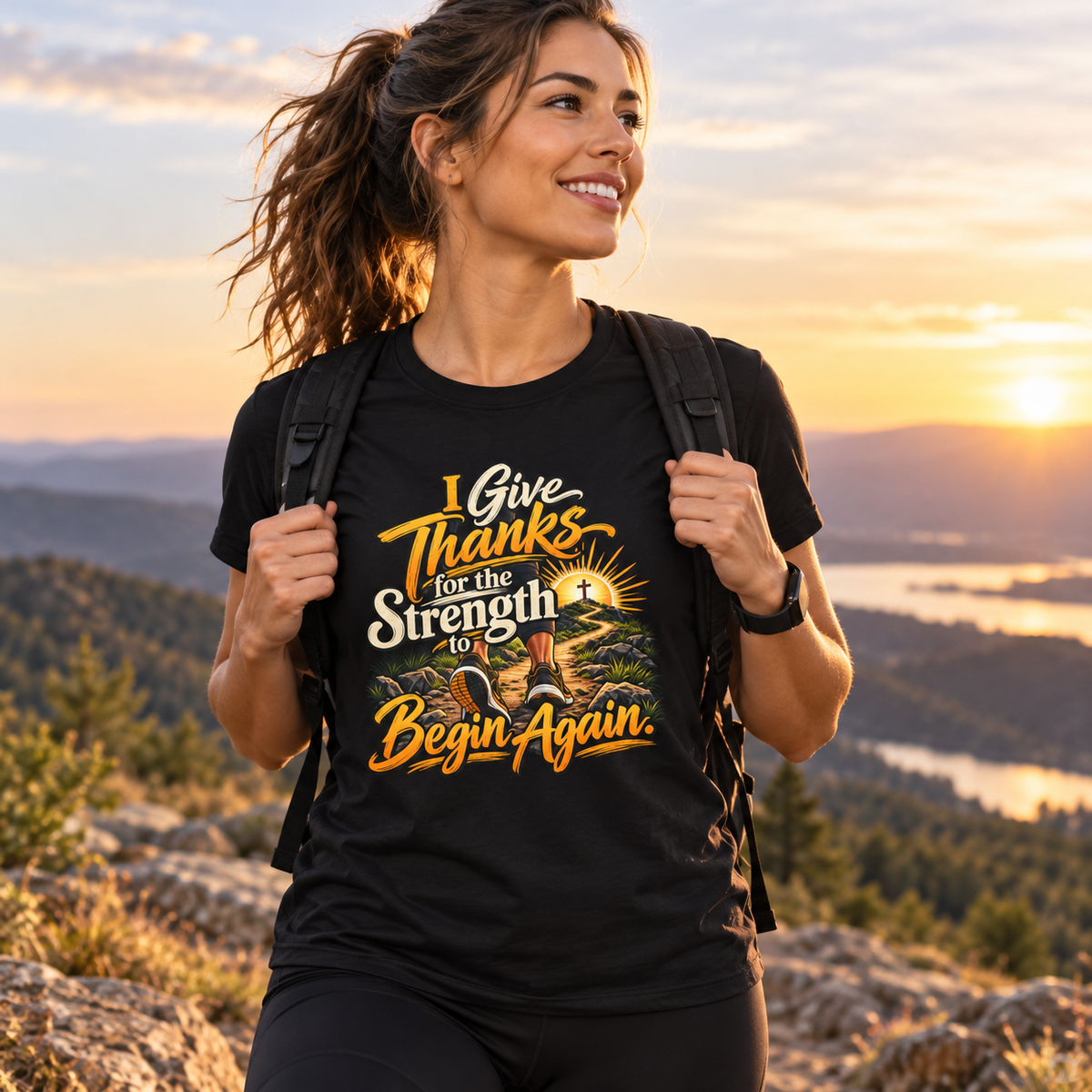 Female lifestyle mockup — I Give Thanks for the Strength to Begin Again T-Shirt