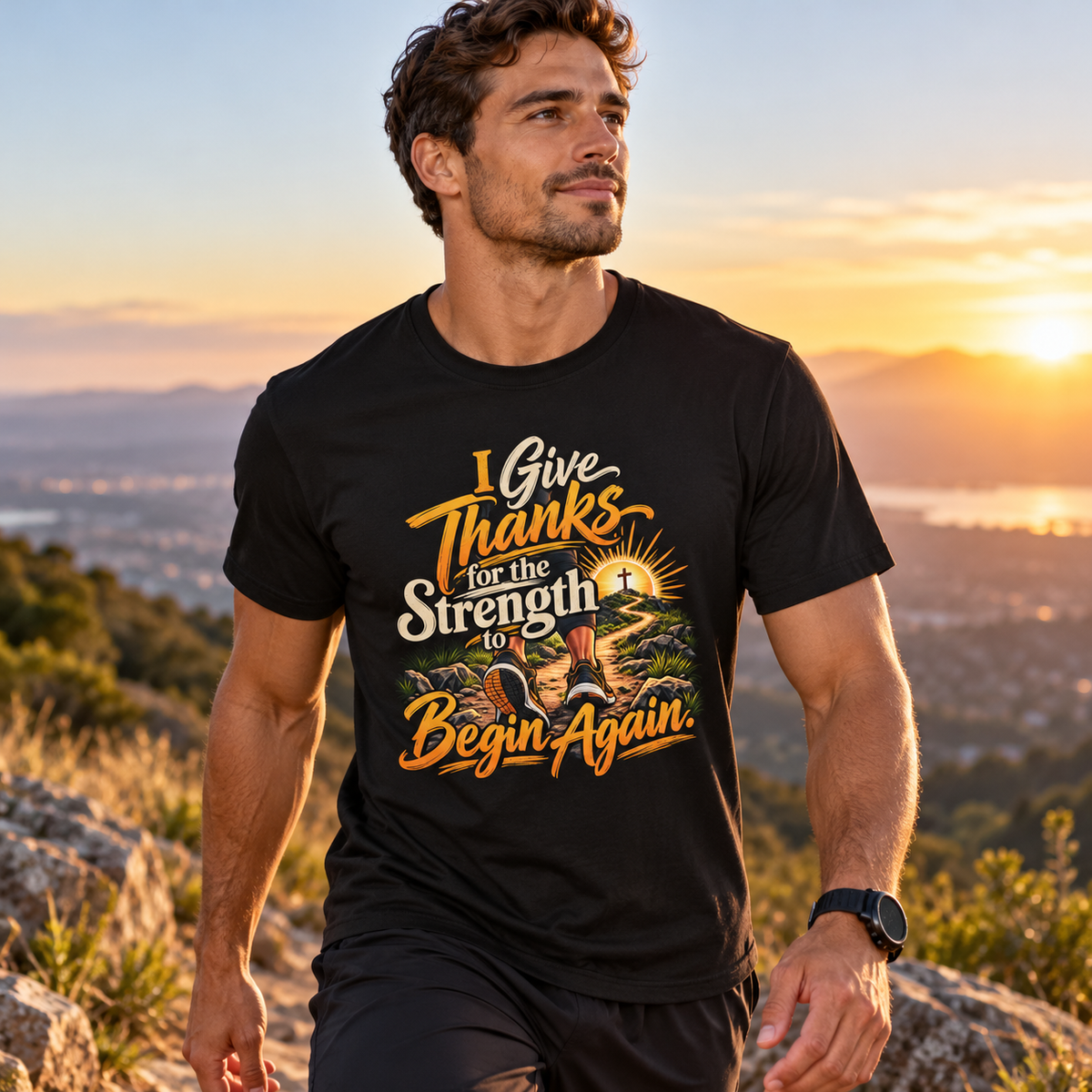Male lifestyle mockup — I Give Thanks for the Strength to Begin Again T-Shirt