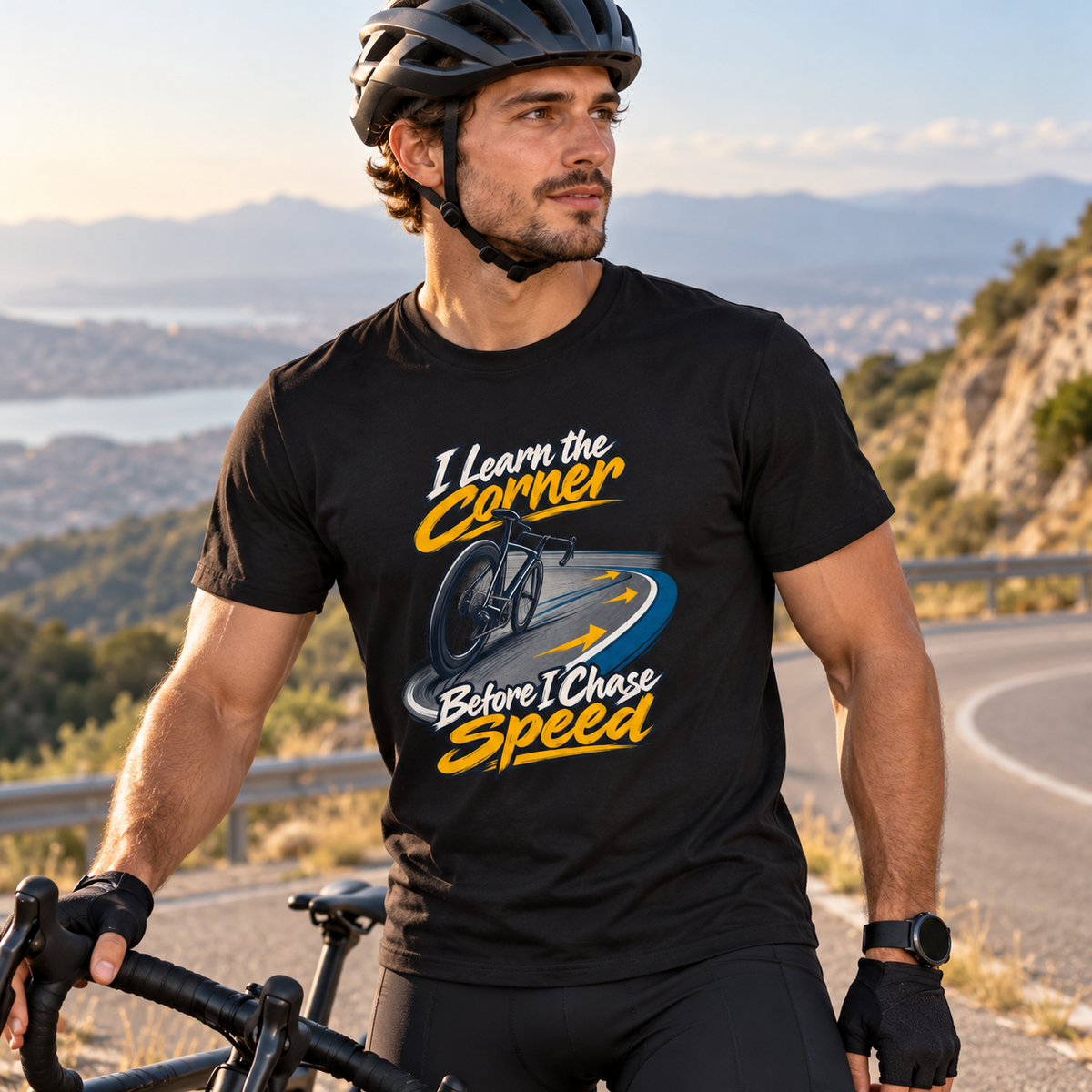 Male lifestyle mockup — I Learn the Corner Before I Chase Speed T-Shirt
