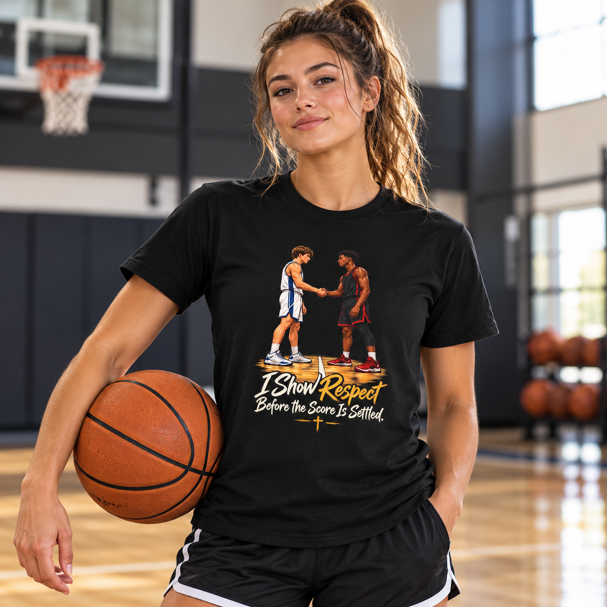 Female lifestyle mockup — I Show Respect Before the Score Is Settled T-Shirt