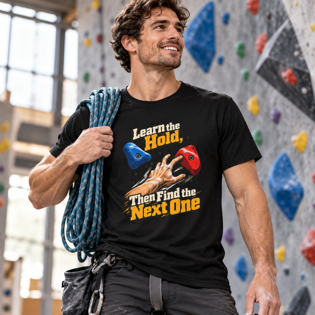 Male lifestyle mockup — Learn the Hold Then Find the Next One T-Shirt