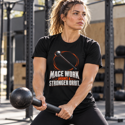 Female lifestyle mockup — Mace Work Draws a Stronger Orbit T-Shirt