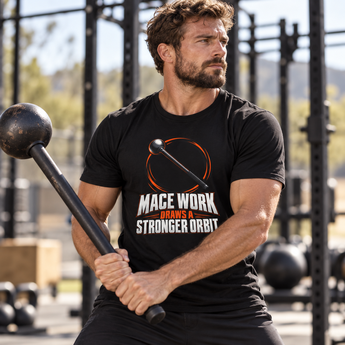 Male lifestyle mockup — Mace Work Draws a Stronger Orbit T-Shirt