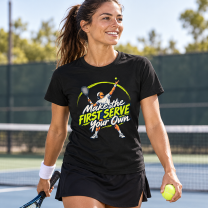 Female lifestyle mockup — Make the First Serve Your Own T-Shirt